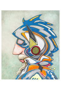 mixed-media artwork of Don-Quixote as a retro futuristic knight on a light background