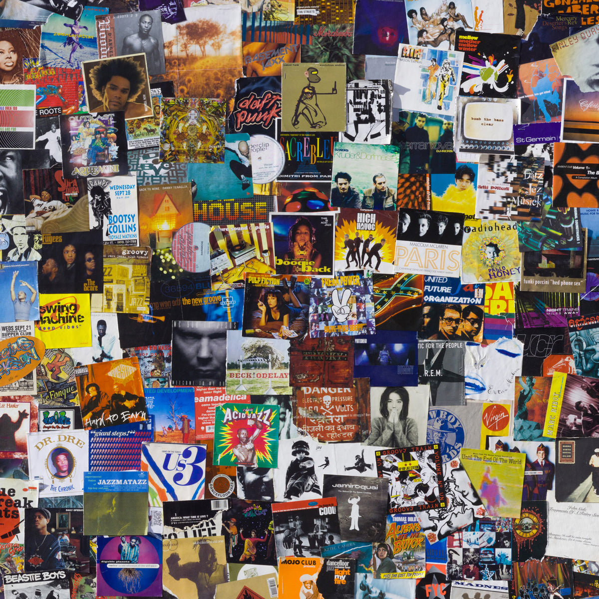 Detail from Collage of various album covers and posters creating the underground hip-hop trip-hop and house music tree of the 1990s