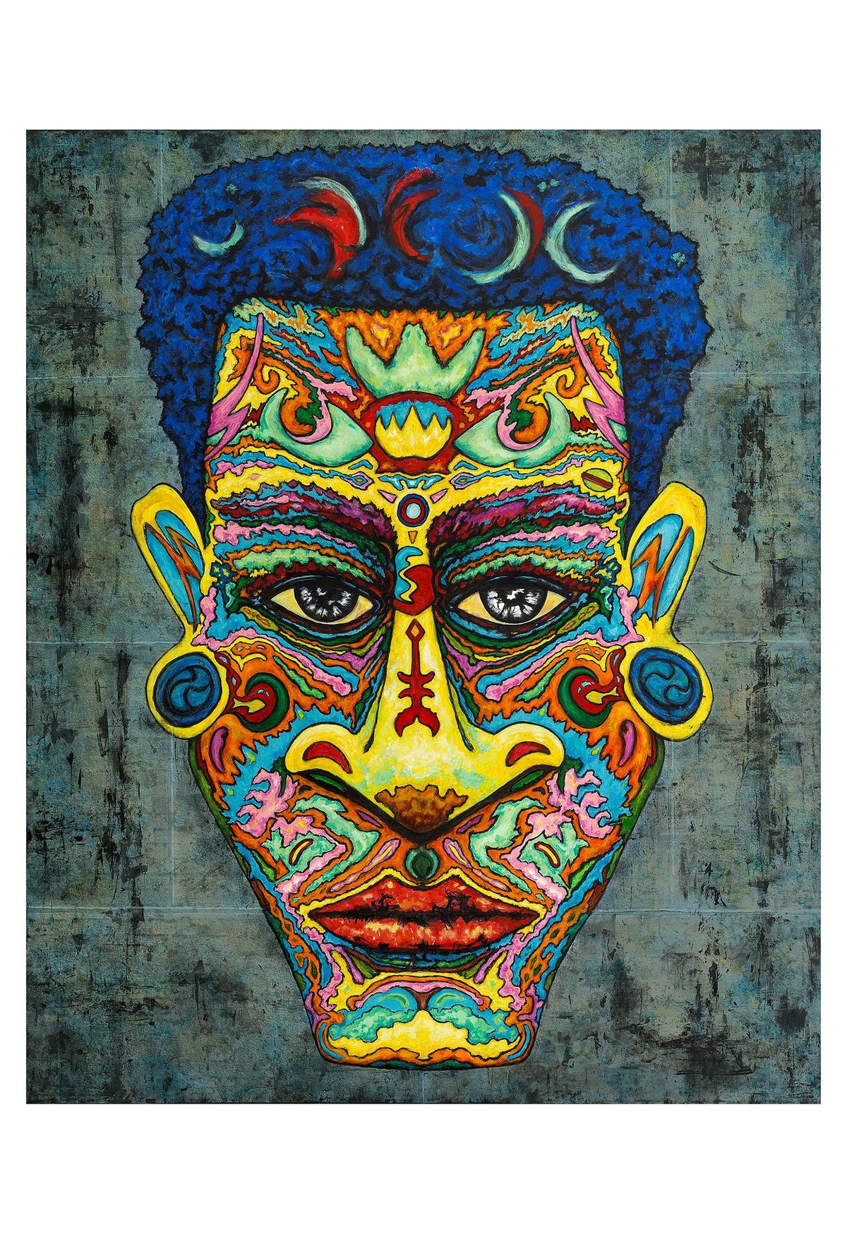 Colorful shaman face mural on a textured urban wall background