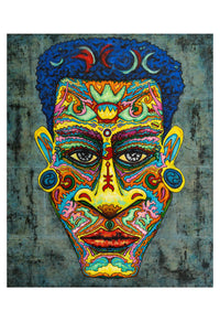 Colorful shaman face mural on a textured urban wall background