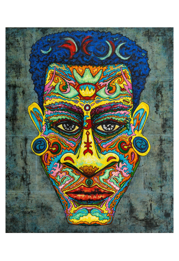 Colorful shaman face mural on a textured urban wall background