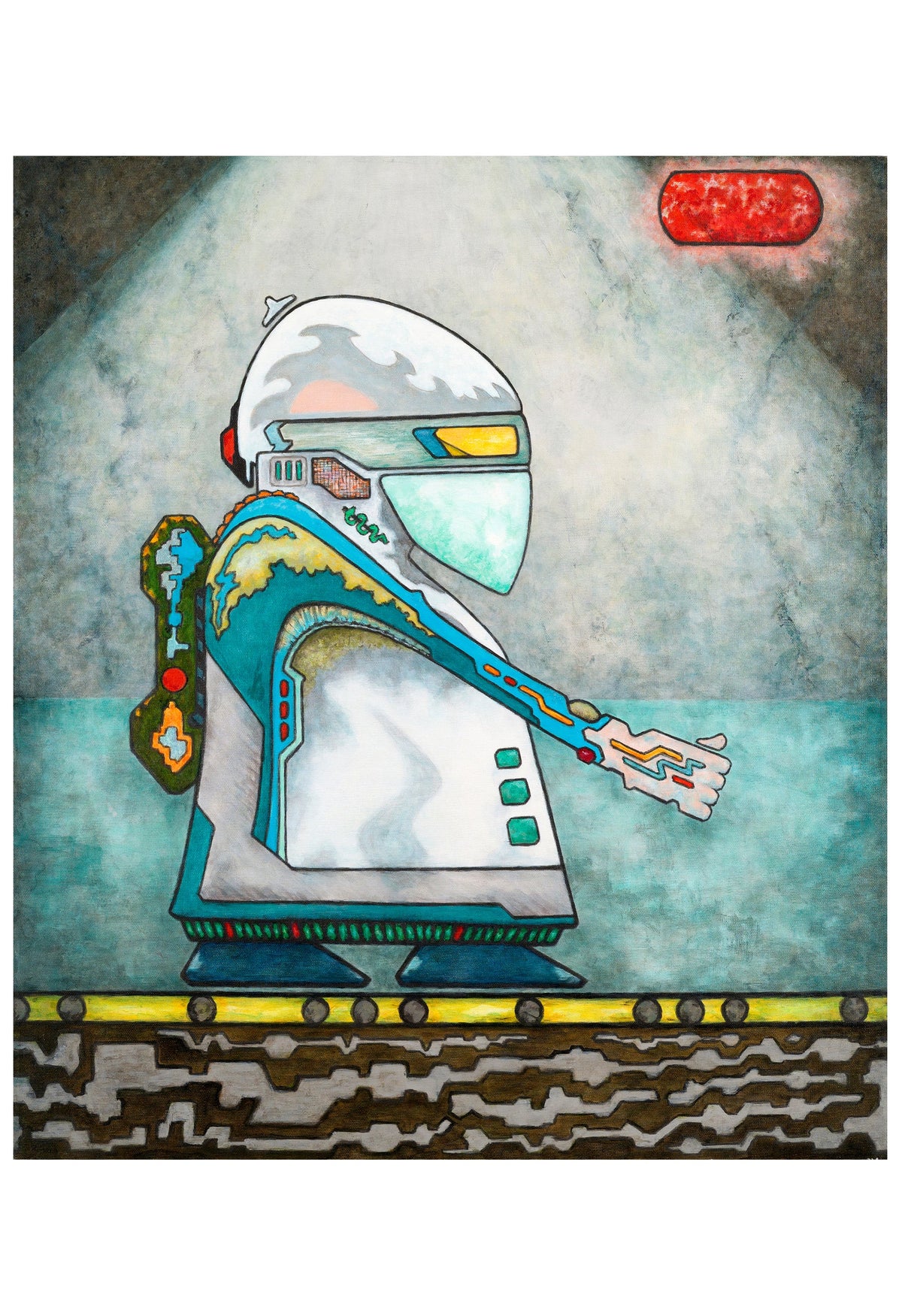 Colorful painting of a robot with a futuristic design on a rusty textured background