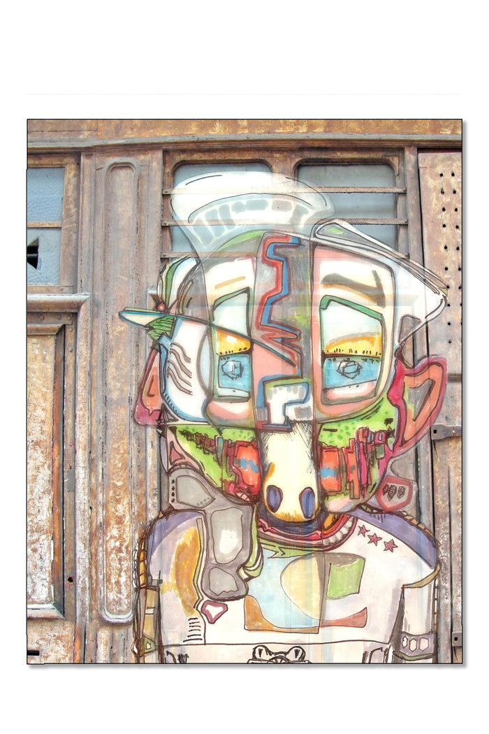 Surreal art of a colorful alien hologram with a rustic background