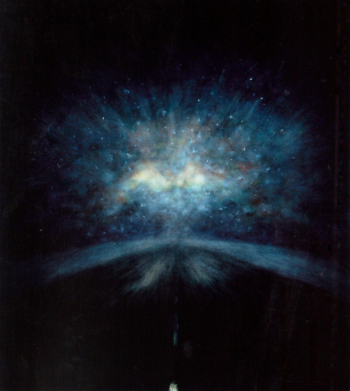Artistic depiction of a galaxy with a bright center and star-like formations. Driving till the end of the world feeling
