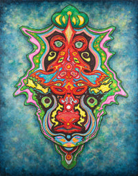 Colorful surreal art with mystic character on a textured blue background