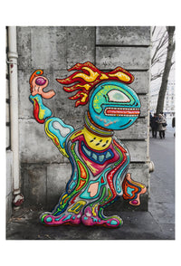Colorful holographic street-art style character in an urban setting