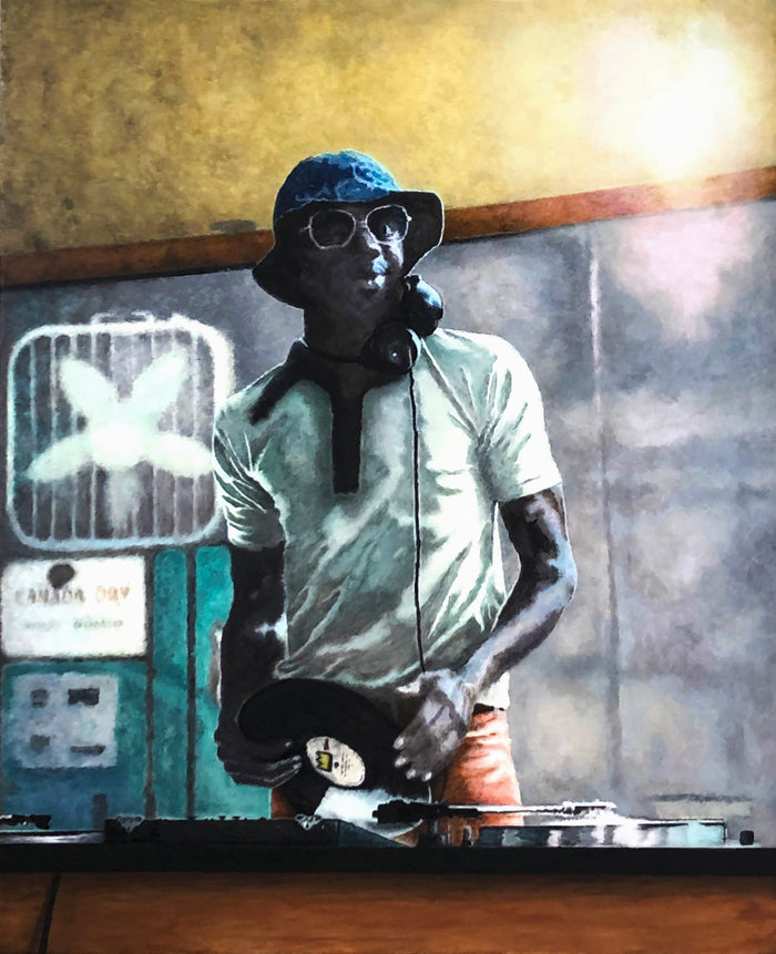 Painting of a DJ operating turntables in a vintage house party garage scene