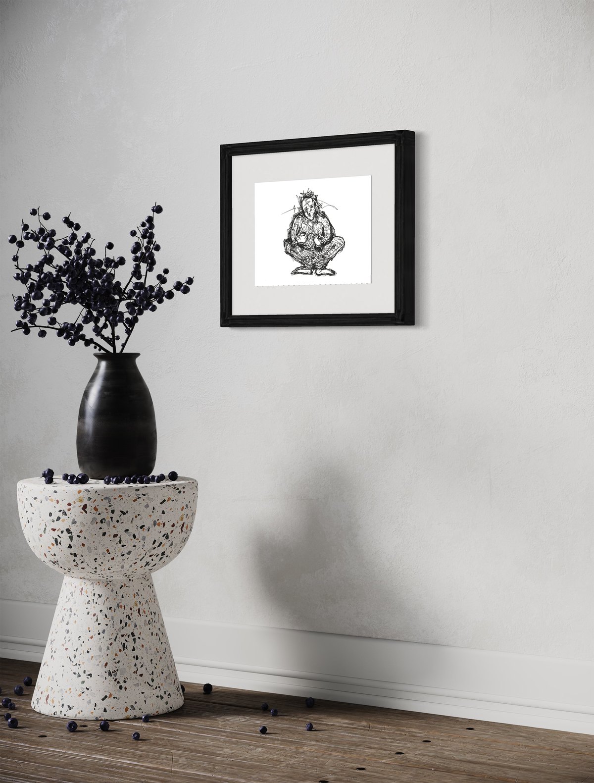 Equilibrium - Black & White Freehand Character Pen Drawing Print by DeJerb