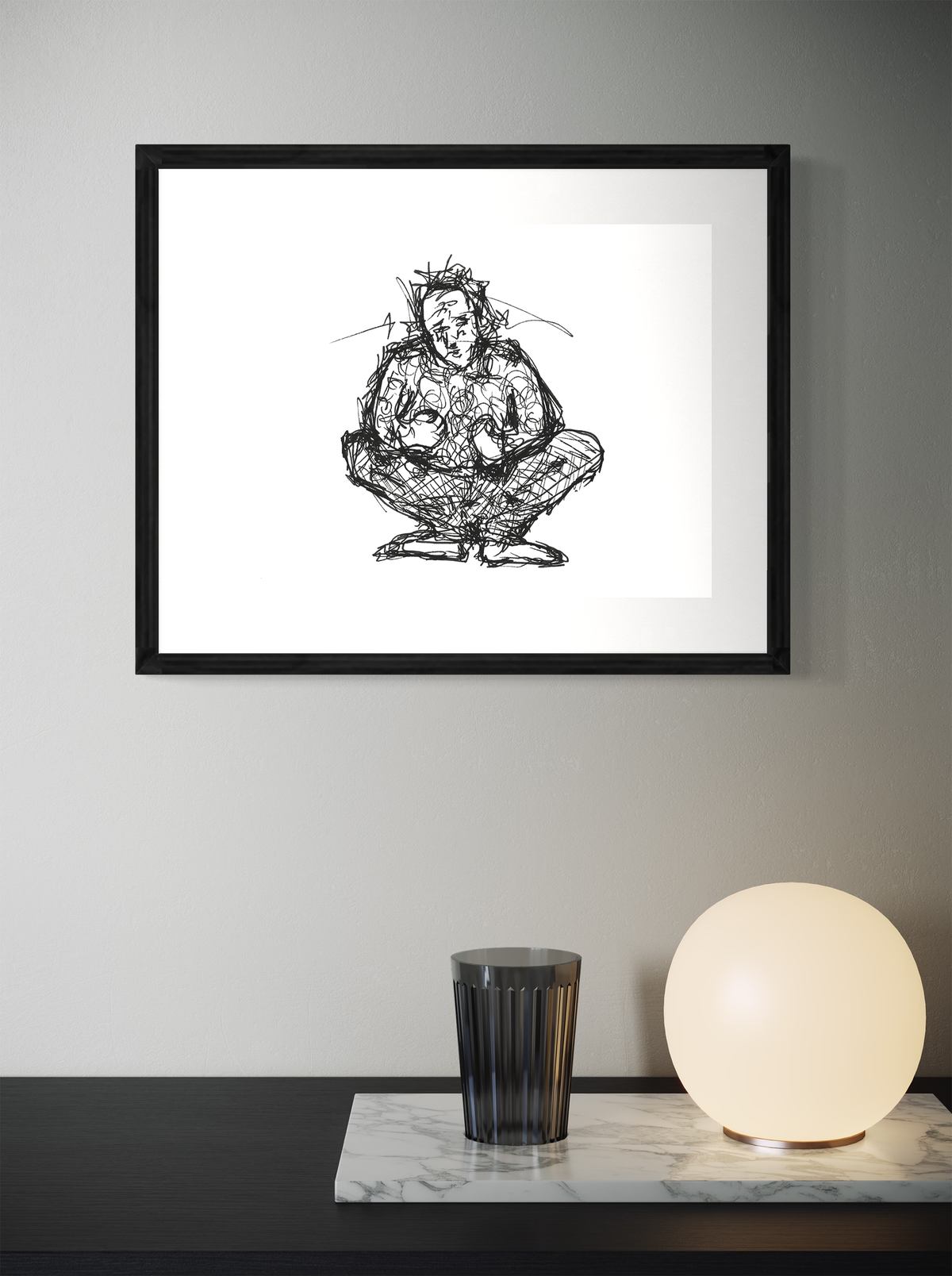 Equilibrium - Black & White Freehand Character Pen Drawing Print by DeJerb
