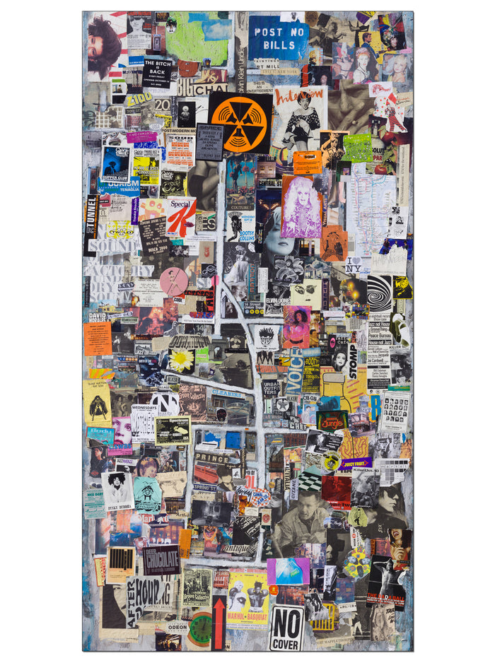 Collage made of original rare New York city club flyers and printed media creating a map of underground nightlife scene in the 1990s