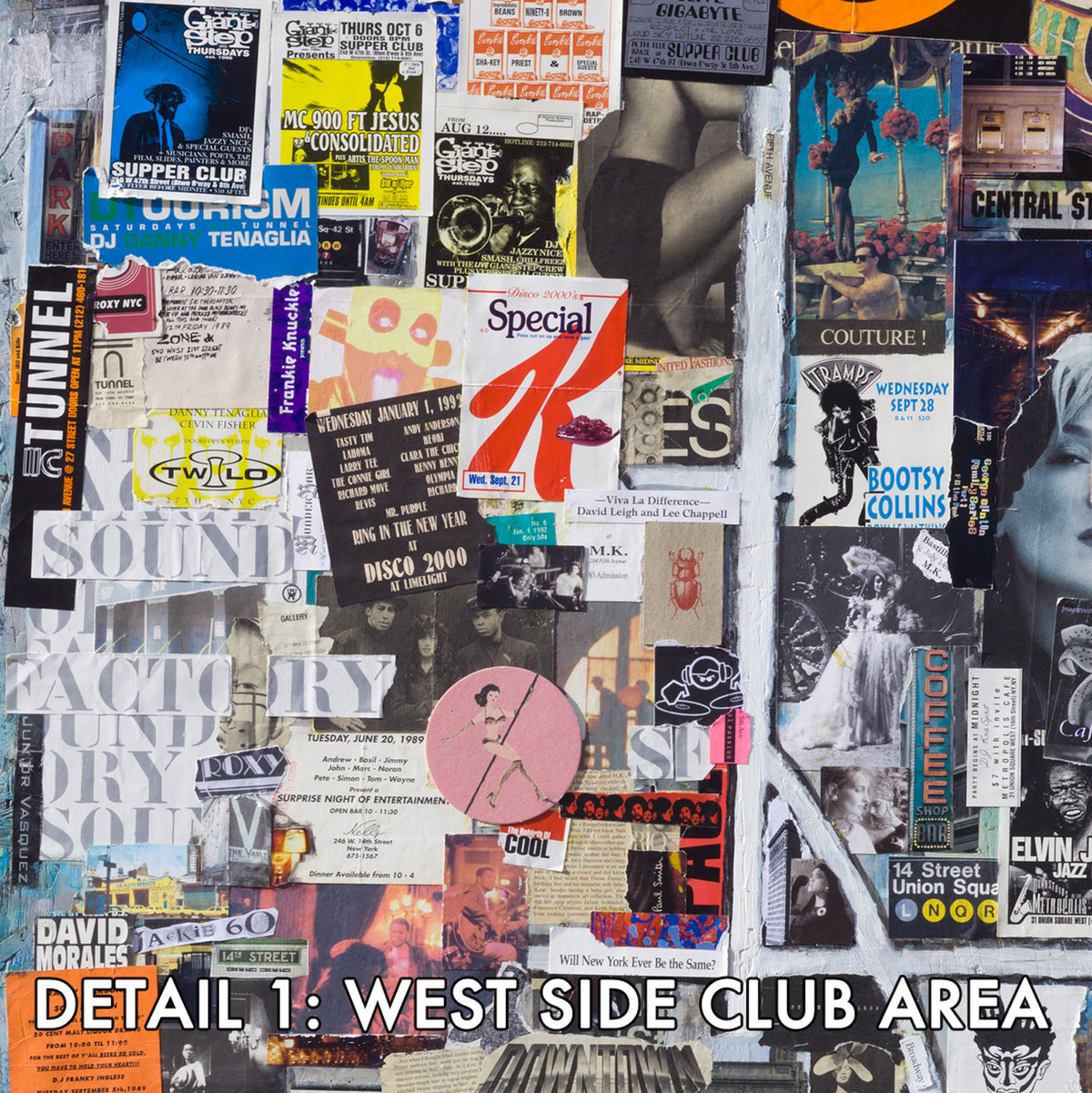 detail from art collage of vintage posters and advertisements from the NYC Manhattan West Side Club area.