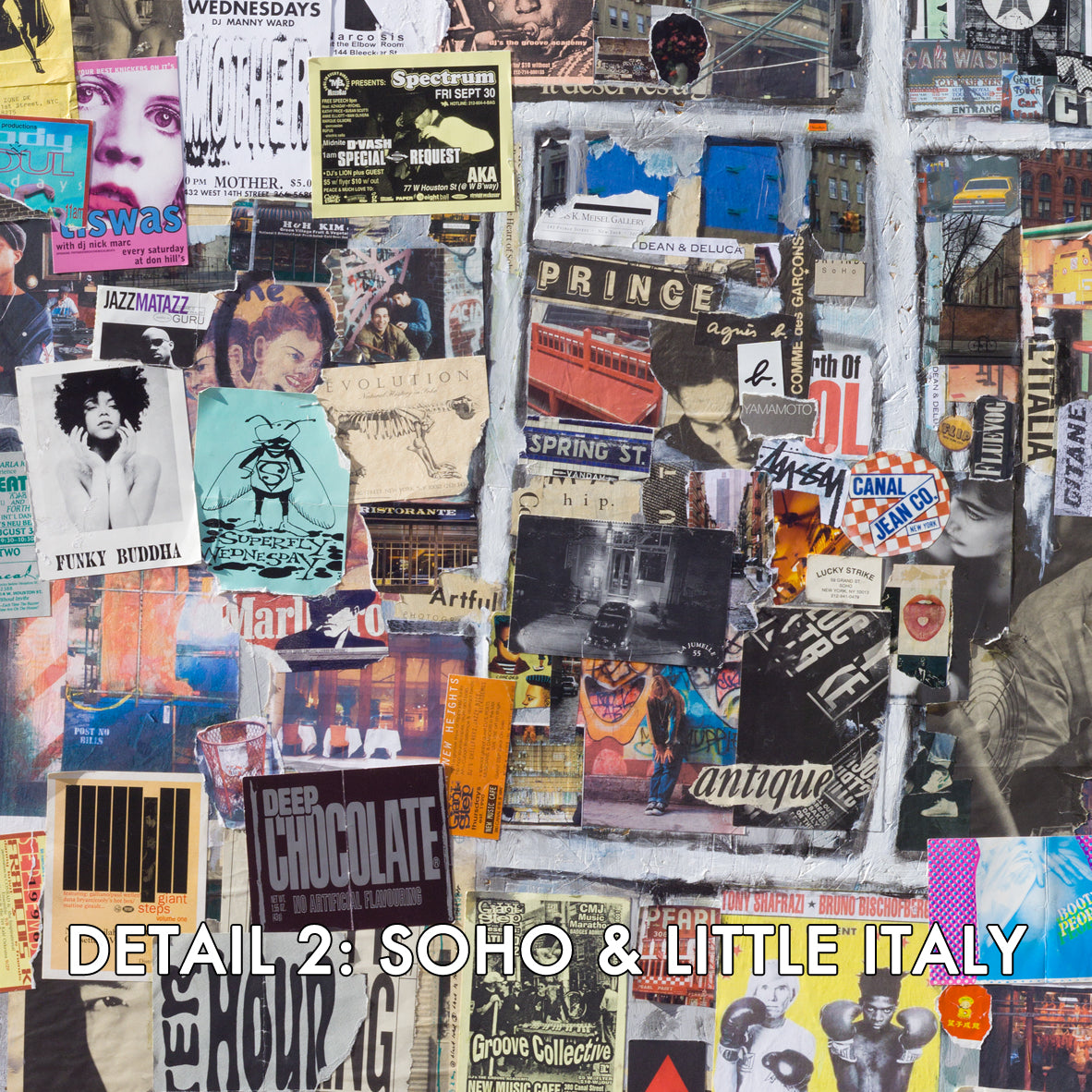 Detail from art collage of vintage posters and advertisements from Soho NYC in the 1990s.