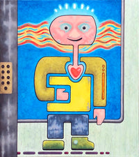 Colorful surreal pop-art painting of a robot bell boy character with a red heart on an intergalactic blue background