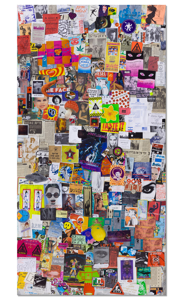 Collage made of rare colorful club flyers posters and images creating a map of Tel Aviv's nightlife in the 90s