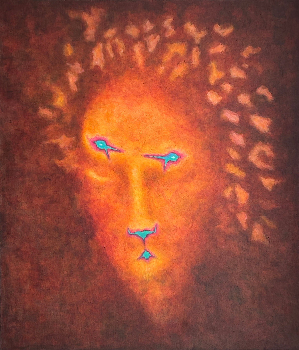 Surreal abstract painting with a lion face-like figure created as an afterimage in the artist's mind after looking directly to the sun