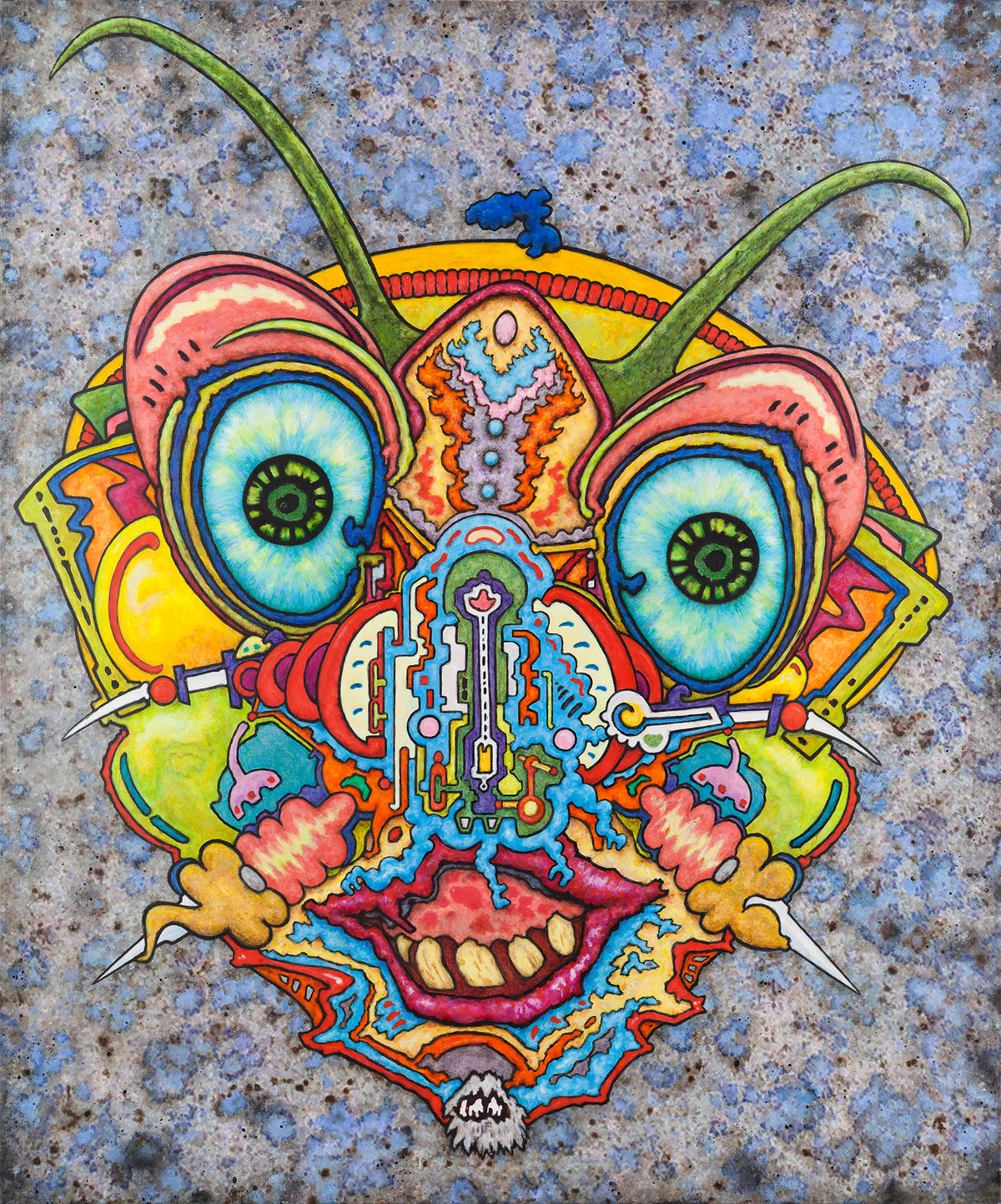 Colorful surrealist pop art piece featuring doctor bug portrait on a textured surface
