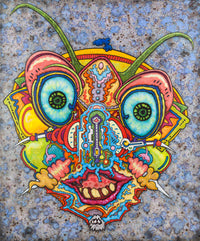 Colorful surrealist pop art piece featuring doctor bug portrait on a textured surface