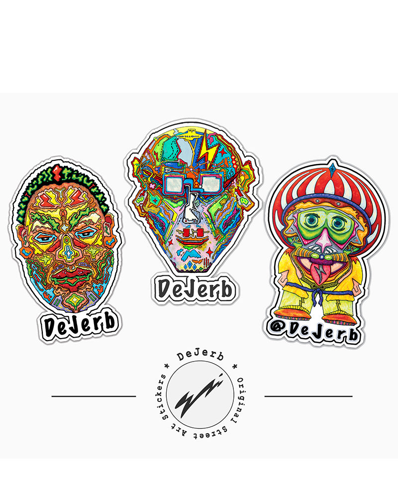 Three colorful high quality street-art vinyl stickers with artistic character designs.