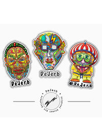 Three colorful high quality street-art vinyl stickers with artistic character designs.