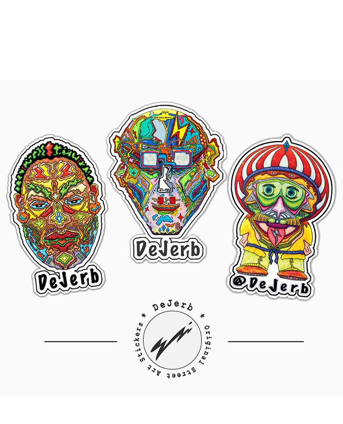 Three colorful high quality street-art vinyl stickers with artistic character designs.