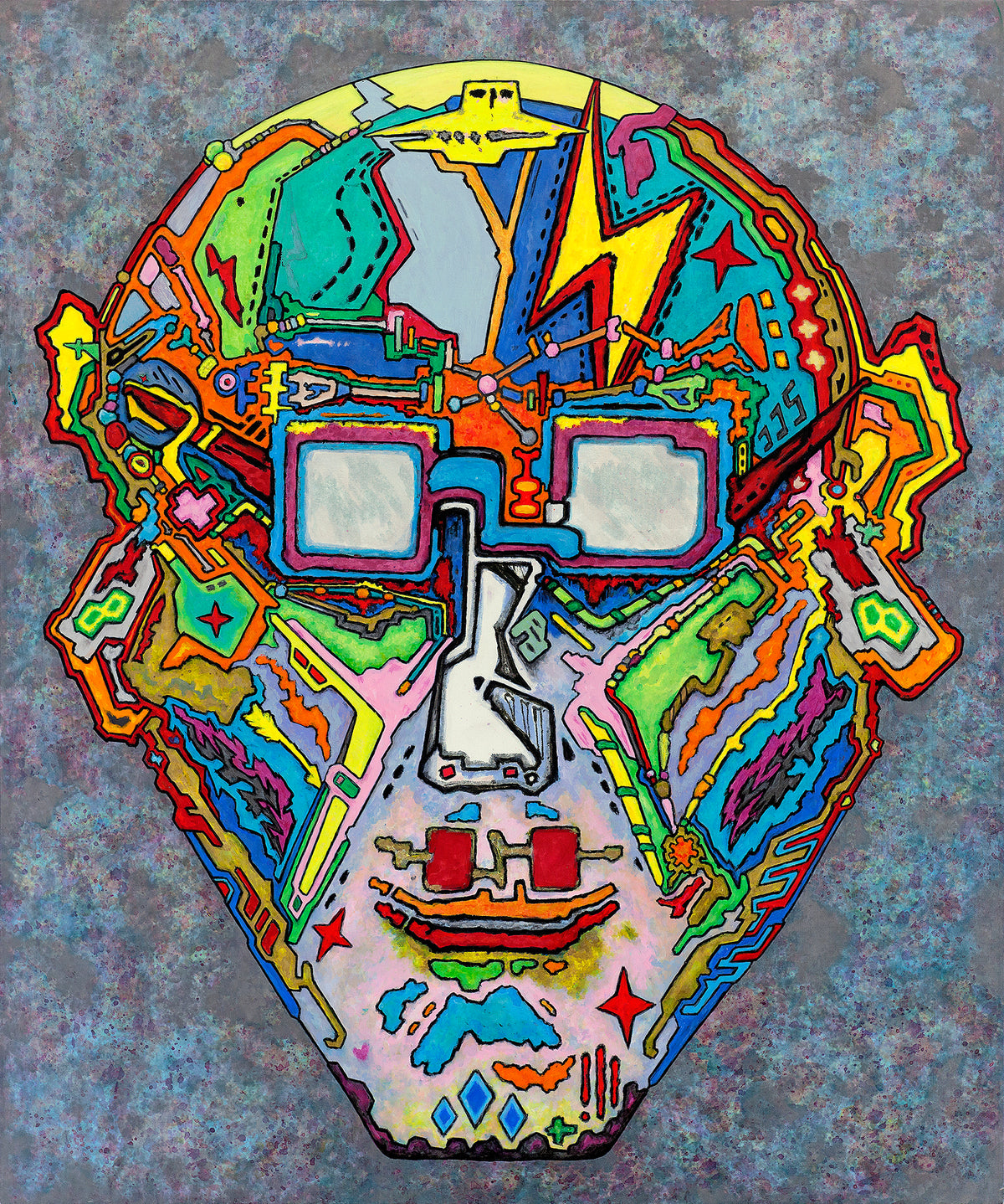 A contemporary mixed-media colorful painting that bridges the gap between street art and fine art gallery aesthetics.