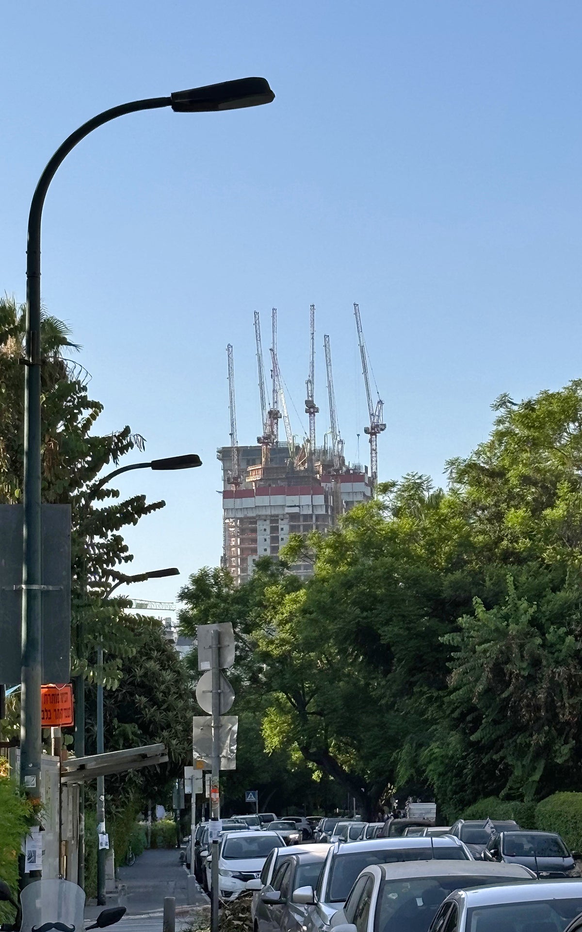 Tall building under construction with cranes, surrounded by trees and streetlights on a quiet city center street.